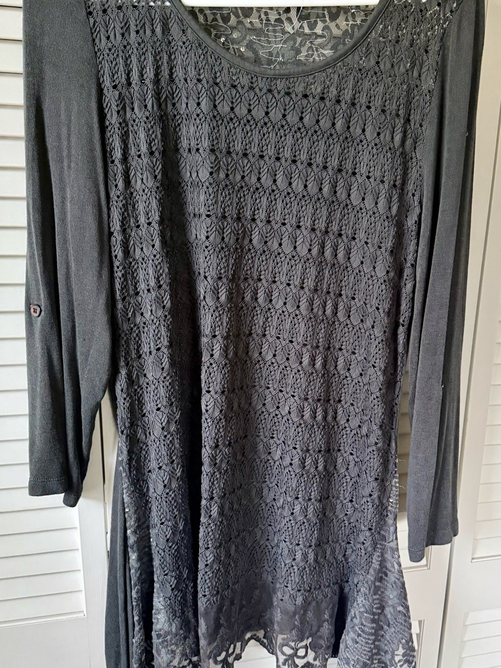 Multiples dark grey Crochet-Front Scoop Neck Long Sleeve Tunic